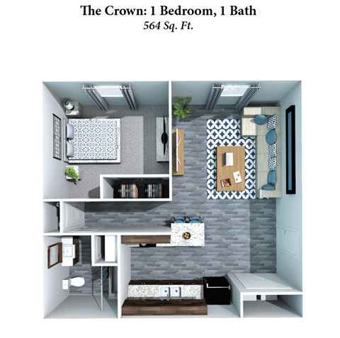 Floor plan for 1 bed, 1 bath, 564 sqft